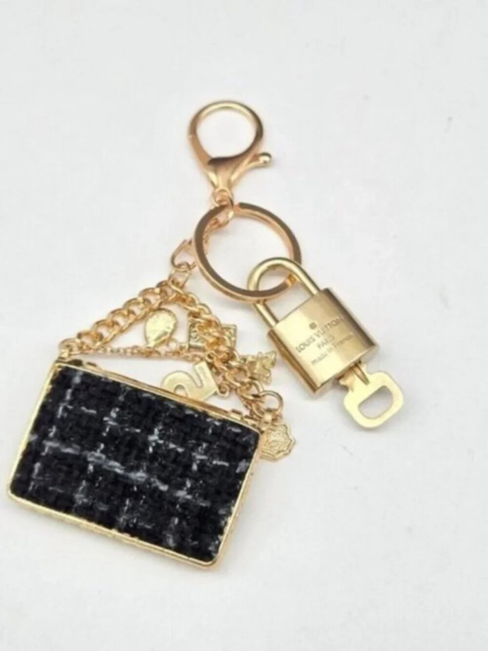 Authentic Louis Vuitton Padlock & Key Gold ✨Unbranded Tweed Bag Charm Keychain - Picture 4 of 6